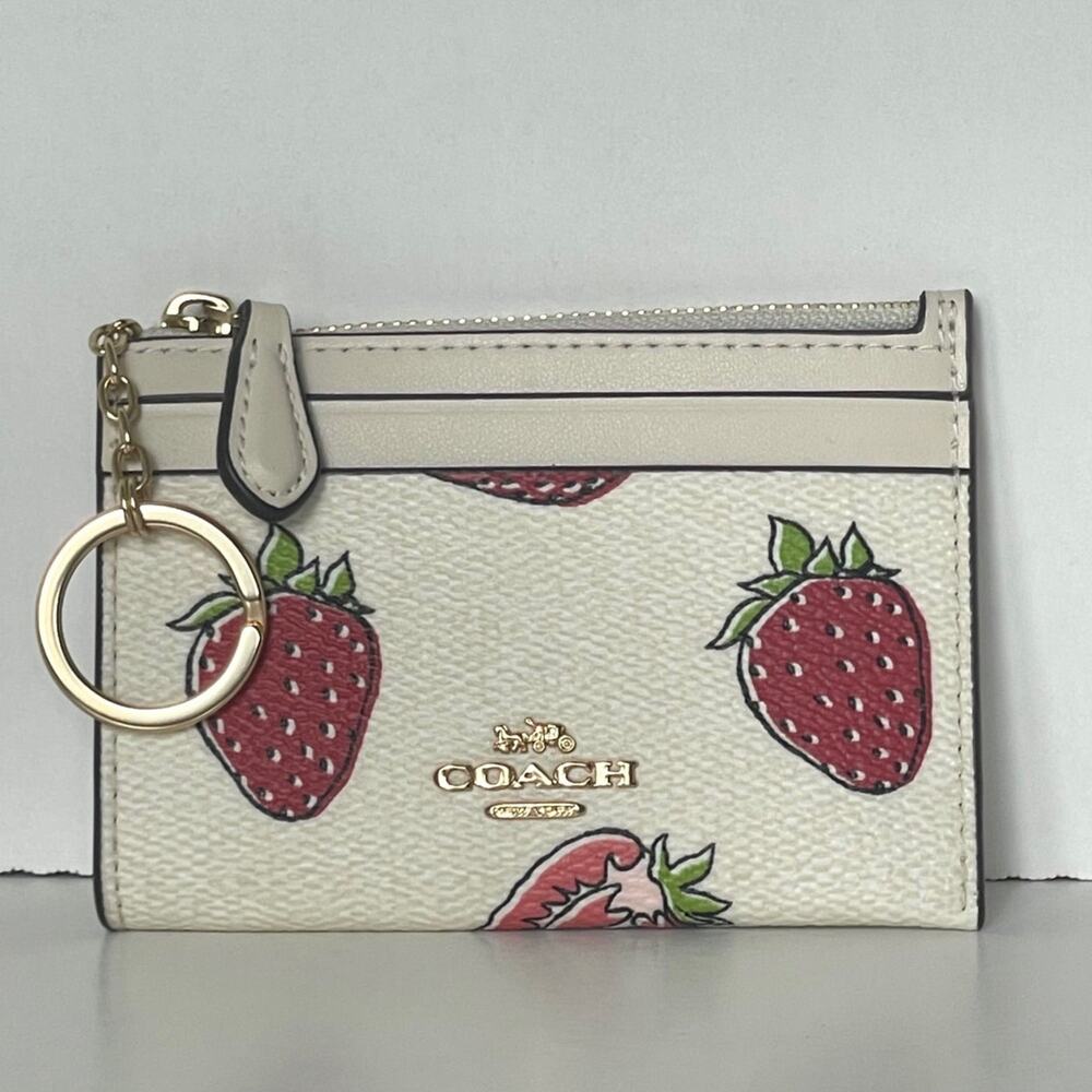 Coach Mini Skinny ID Wallet CAR17 Strawberry Print White Red Keyring - Picture 5 of 9
